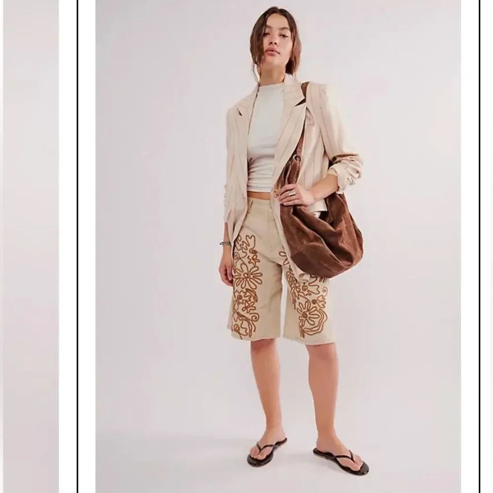 We The Free Beige Embroidered Cruisin' Soutache Long Shorts Colour: Sweet Cream